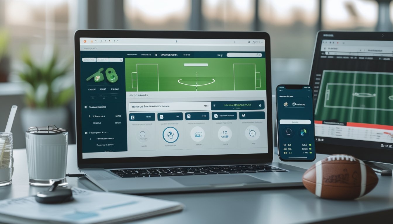Laptop menampilkan antarmuka analisis sepak bola dengan simbol keamanan di ruang kerja modern.