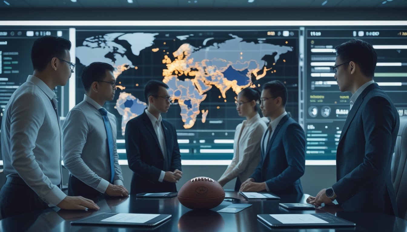 Sekelompok profesional Asia menganalisis data sepak bola di kantor modern dengan latar peta Asia bercahaya.