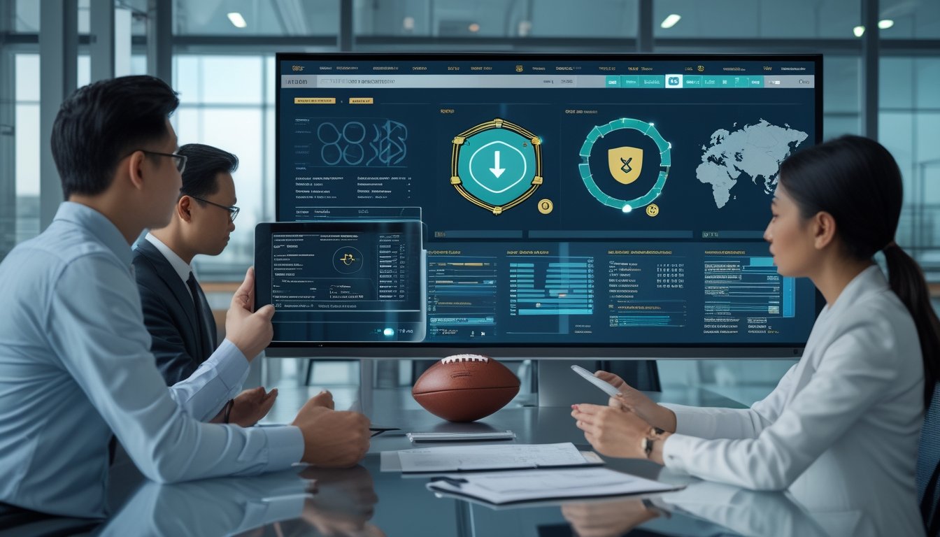 Tim profesional Asia memeriksa keamanan dan kepatuhan platform sepak bola di kantor modern.