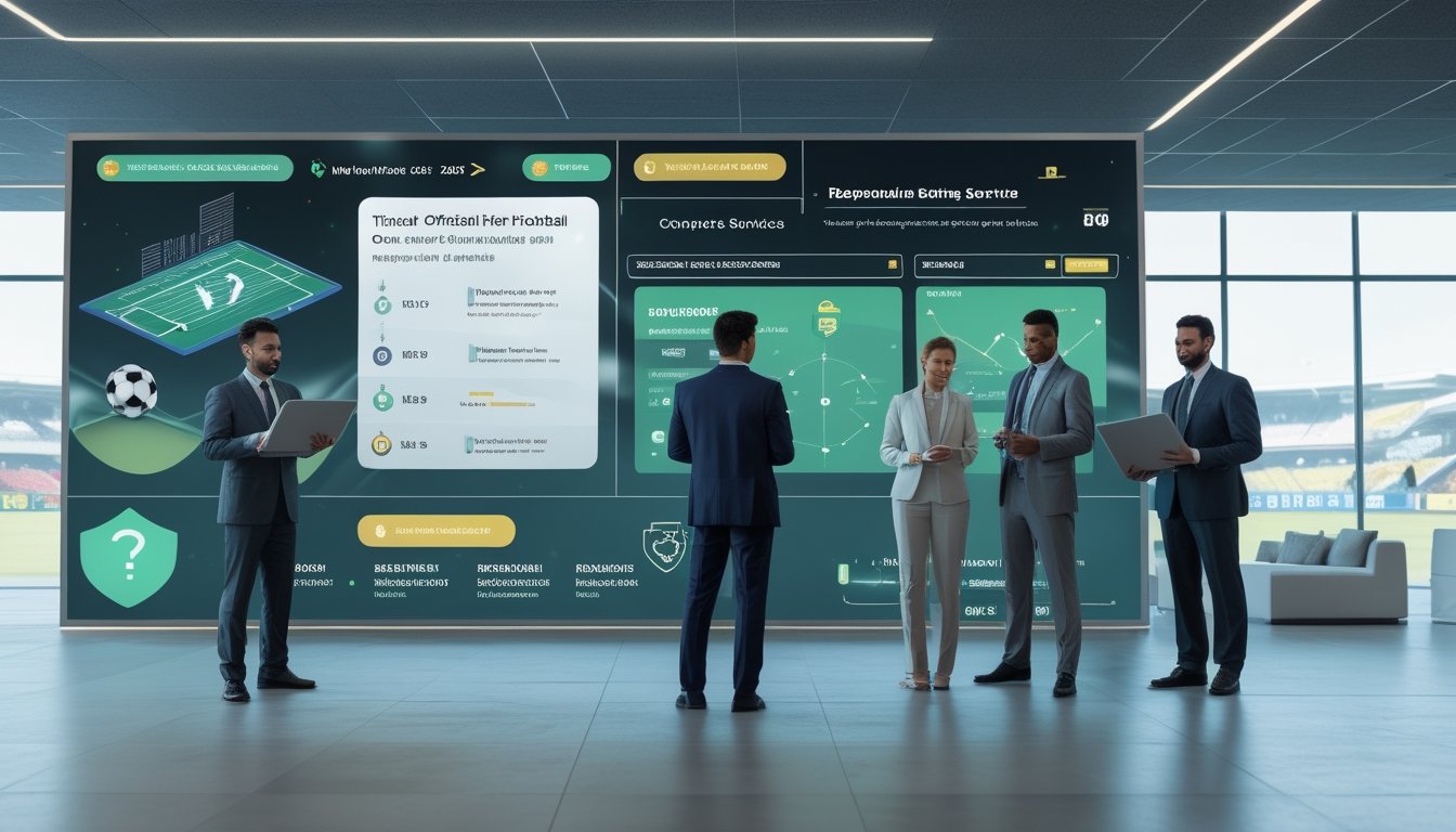 Tim profesional meninjau platform taruhan sepak bola yang aman dengan grafik analisis dan simbol perlindungan data.