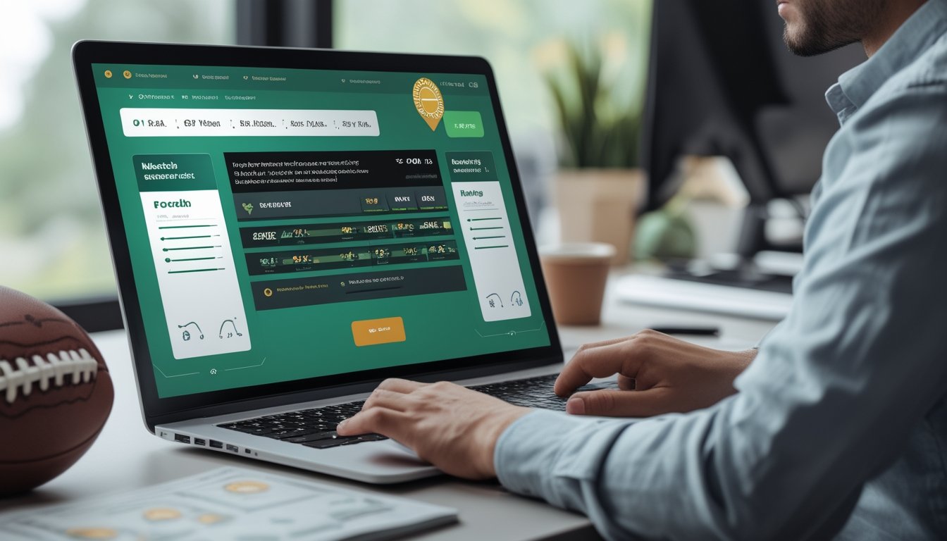 Seseorang menggunakan laptop dan ponsel dengan tampilan bertema sepak bola di meja kerja modern.