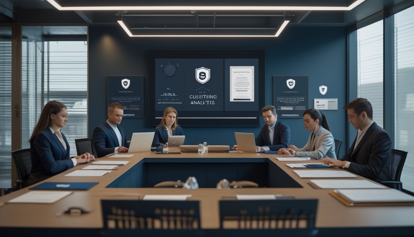 Tim profesional memeriksa dokumen lisensi dan keamanan platform taruhan olahraga di kantor modern.
