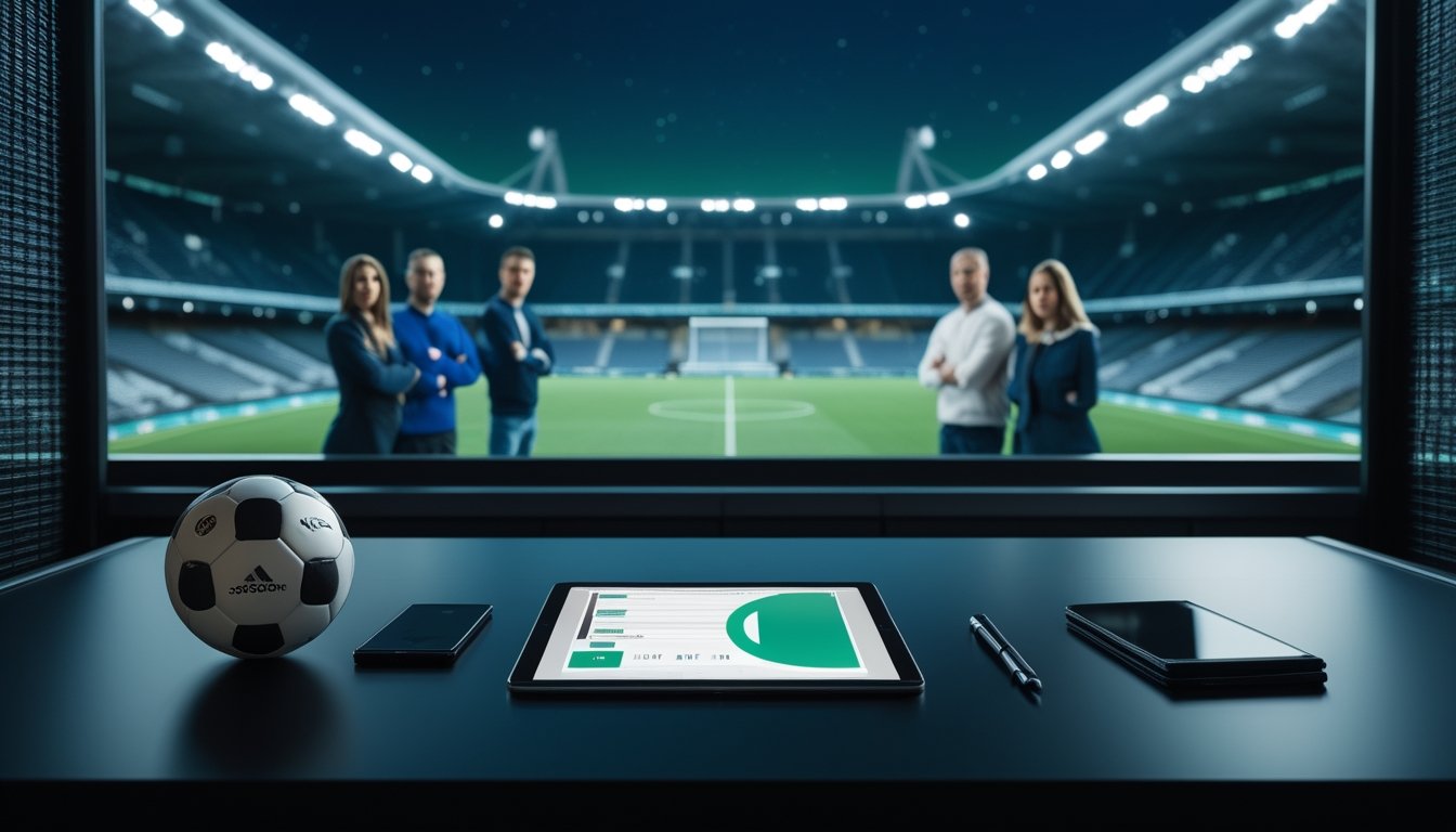 Bola sepak di meja kaca dengan suasana stadion malam dan beberapa penggemar yang mengamati pertandingan.