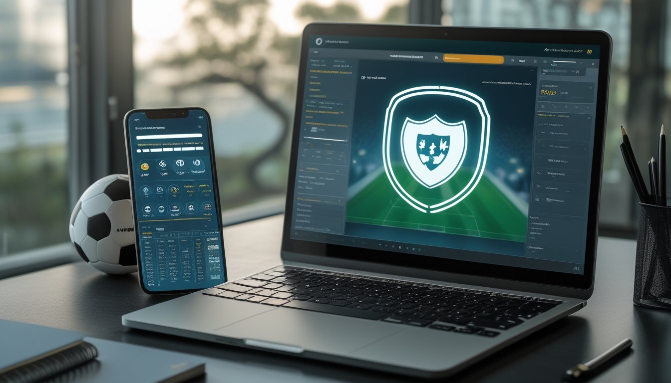 Meja kerja modern dengan laptop, ponsel, buku catatan kosong, pena, dan bola sepak untuk menilai platform taruhan olahraga.