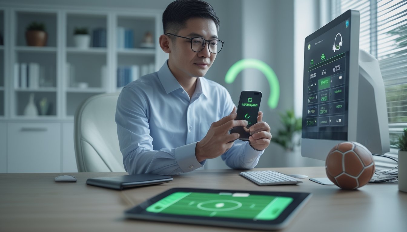 Orang dewasa menggunakan ponsel untuk melakukan pembayaran digital dengan simbol keamanan dan suasana sepak bola di ruang kerja modern.