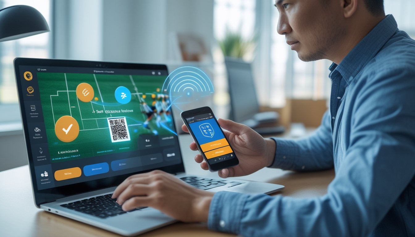 Orang dewasa menggunakan ponsel dan laptop untuk mengakses layanan olahraga dengan pembayaran digital melalui kode QR.