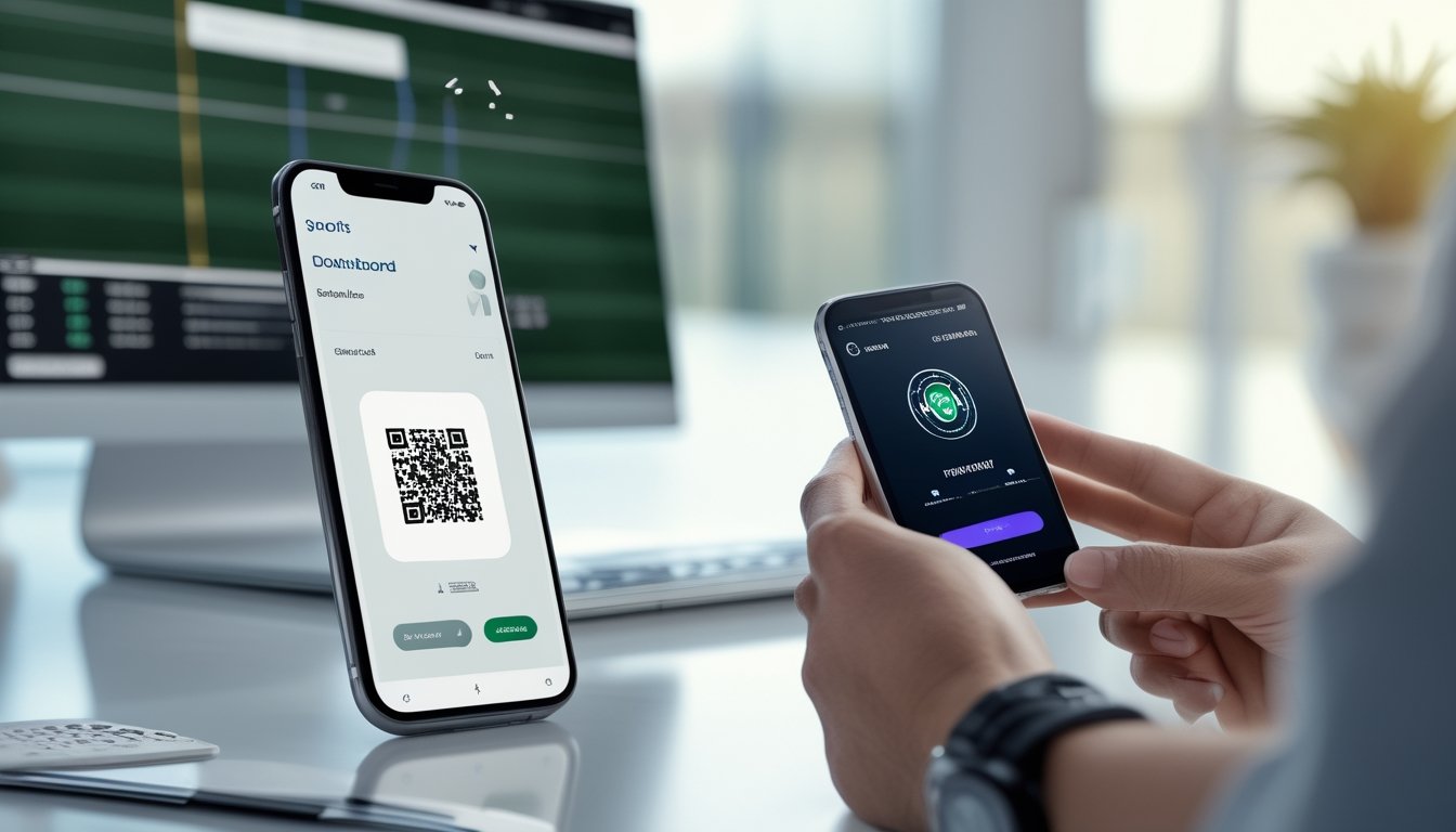Ponsel menampilkan antarmuka olahraga abstrak di samping kode QR dan simbol dompet digital dalam ruang kerja modern.