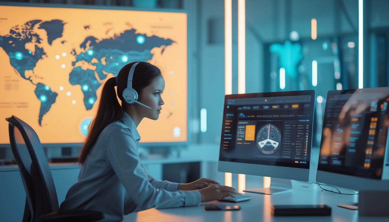 Petugas layanan pelanggan memakai headset membantu pengguna melalui laptop di kantor modern pada malam hari.