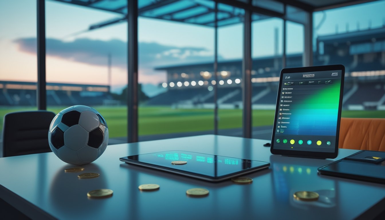 Meja kerja modern dengan bola sepak, perangkat digital, dan stadion yang terlihat melalui jendela.