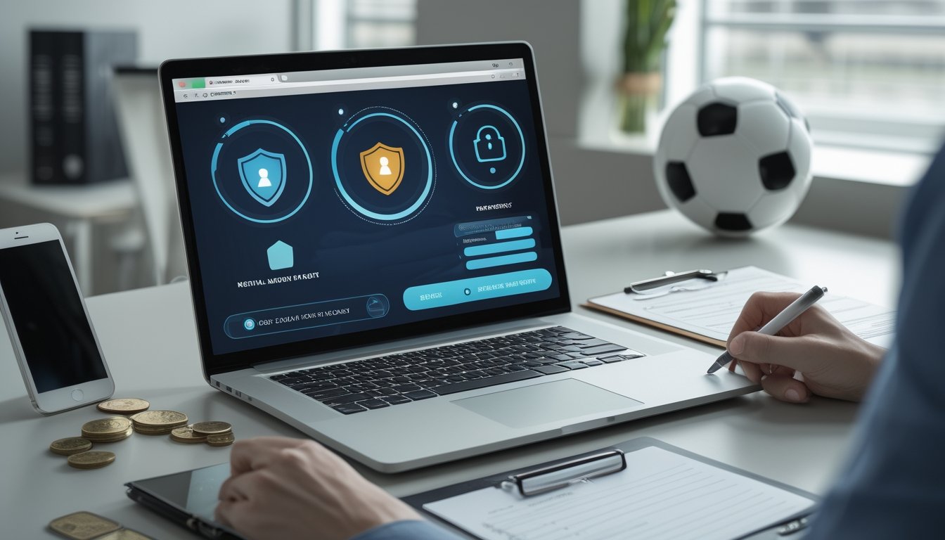 Meja kerja dengan laptop, ponsel, kaca pembesar, daftar periksa, koin, dan bola sepak untuk menilai kredibilitas platform.