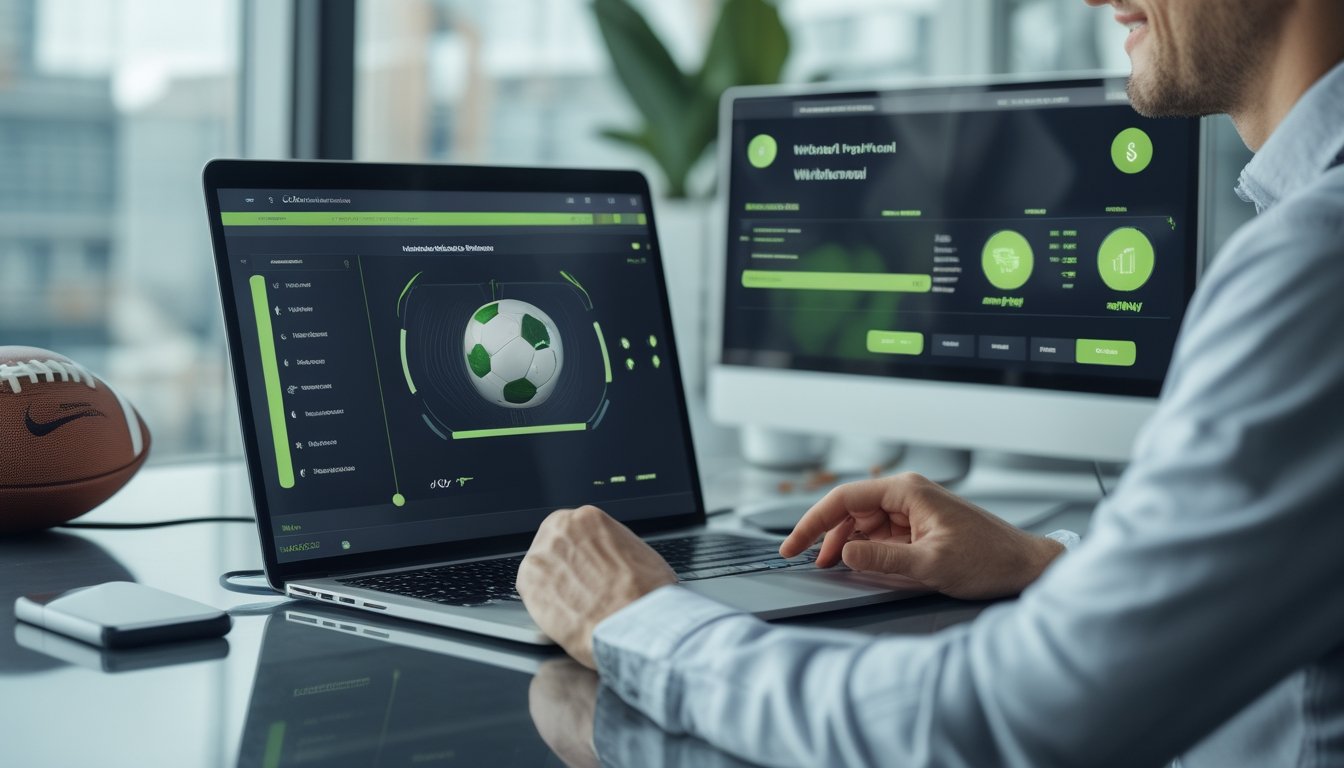 Seseorang menggunakan ponsel dan laptop dengan elemen sepak bola dalam suasana kerja modern.