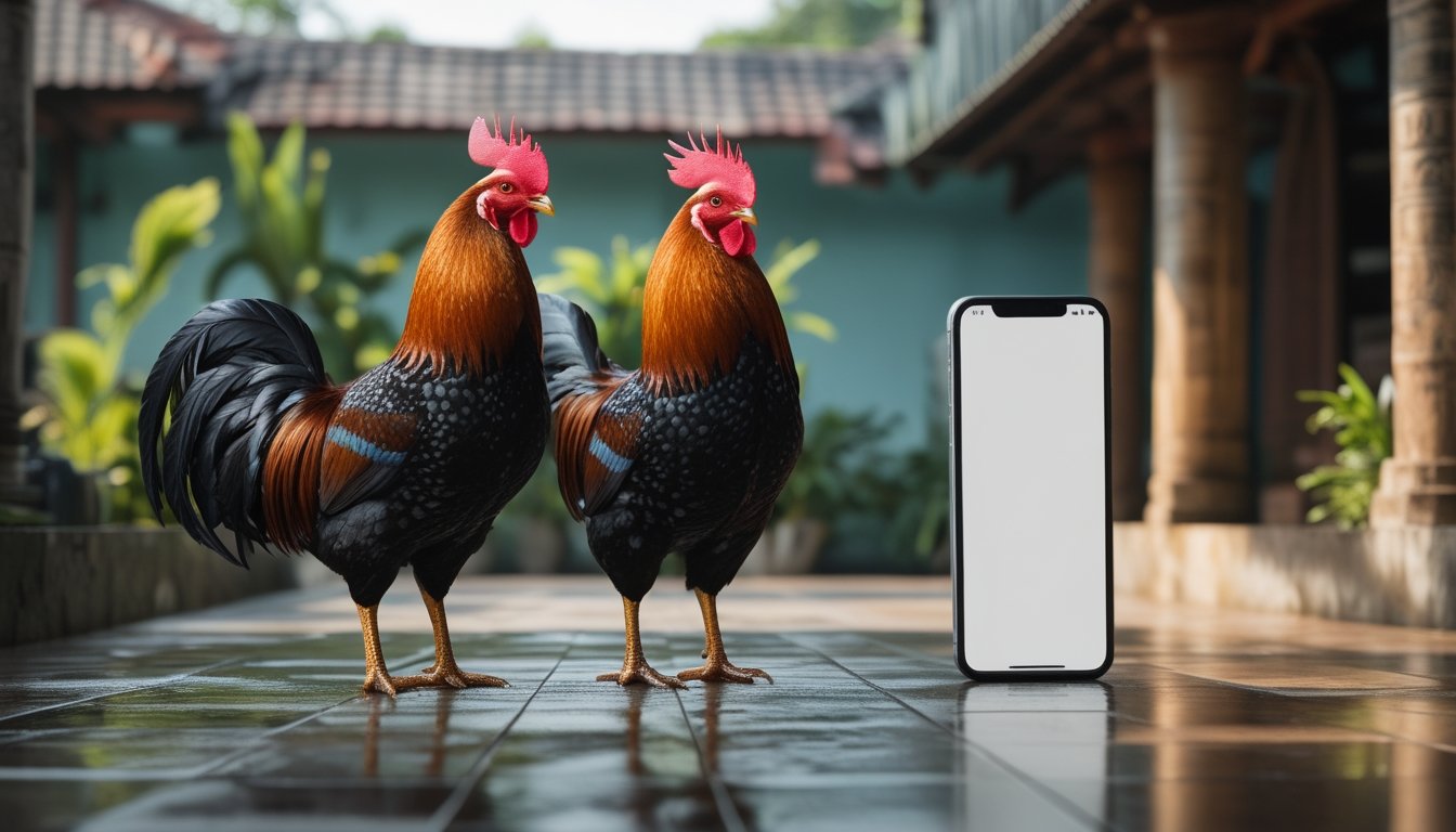 Dua ayam jantan berdiri tenang di halaman tropis dengan arsitektur tradisional dan sebuah ponsel tanpa tulisan.