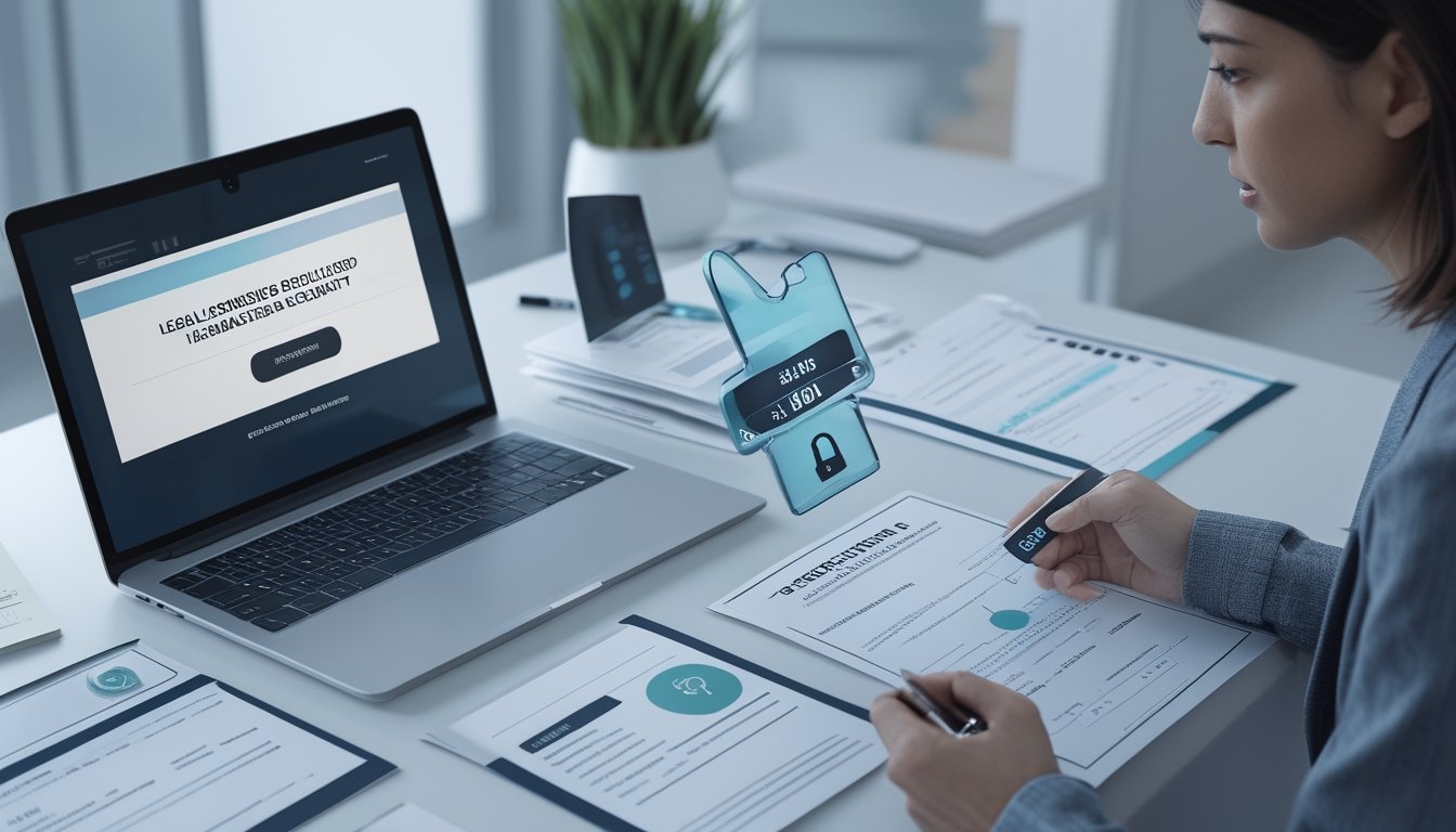Seorang profesional memeriksa dokumen legalitas dan perangkat digital dengan simbol keamanan di meja kerja.