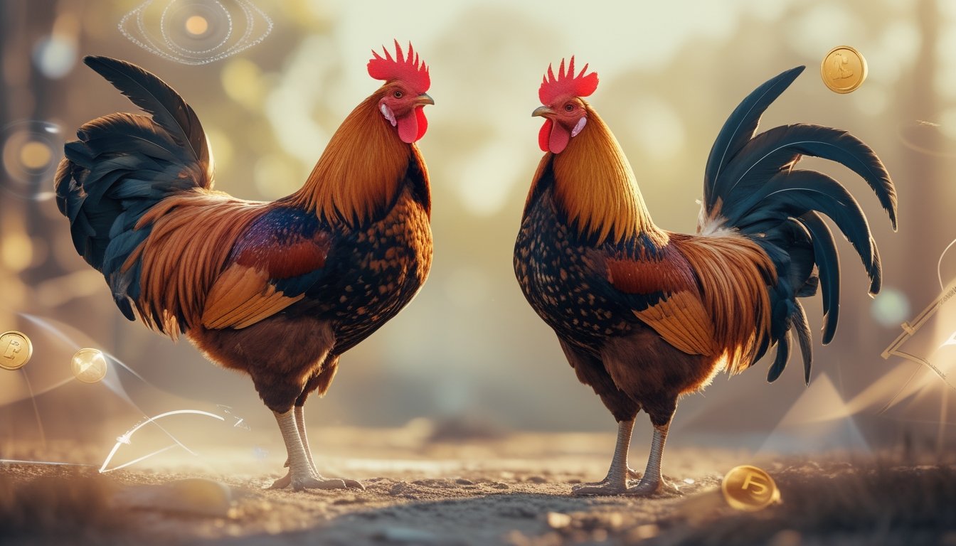 Dua ayam jantan sehat berdiri tenang di lingkungan pedesaan yang cerah dengan elemen digital dan aksen koin emas.