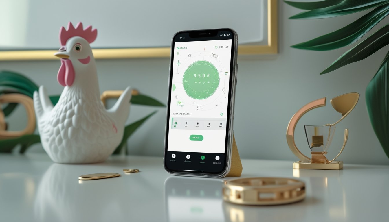 Ponsel menampilkan antarmuka hiburan digital abstrak di atas meja modern dengan hiasan ayam jantan dan simbol perisai.