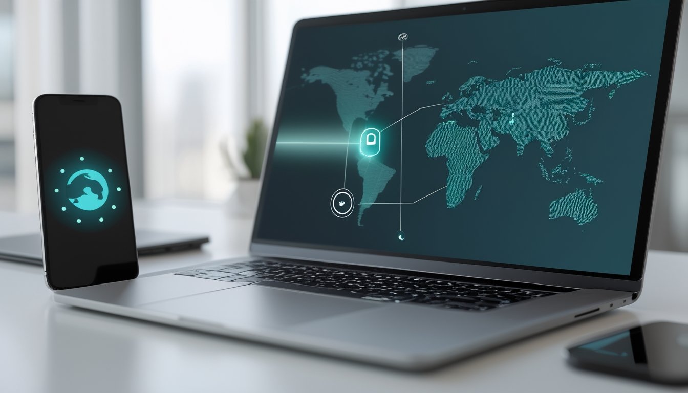 Ponsel dan laptop menampilkan ilustrasi koneksi digital aman dengan jalur akses alternatif.