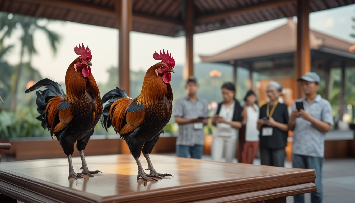 Dua ayam hias berdiri tenang di area kayu dalam suasana tropis Indonesia, sementara beberapa orang mengamati dari kejauhan.