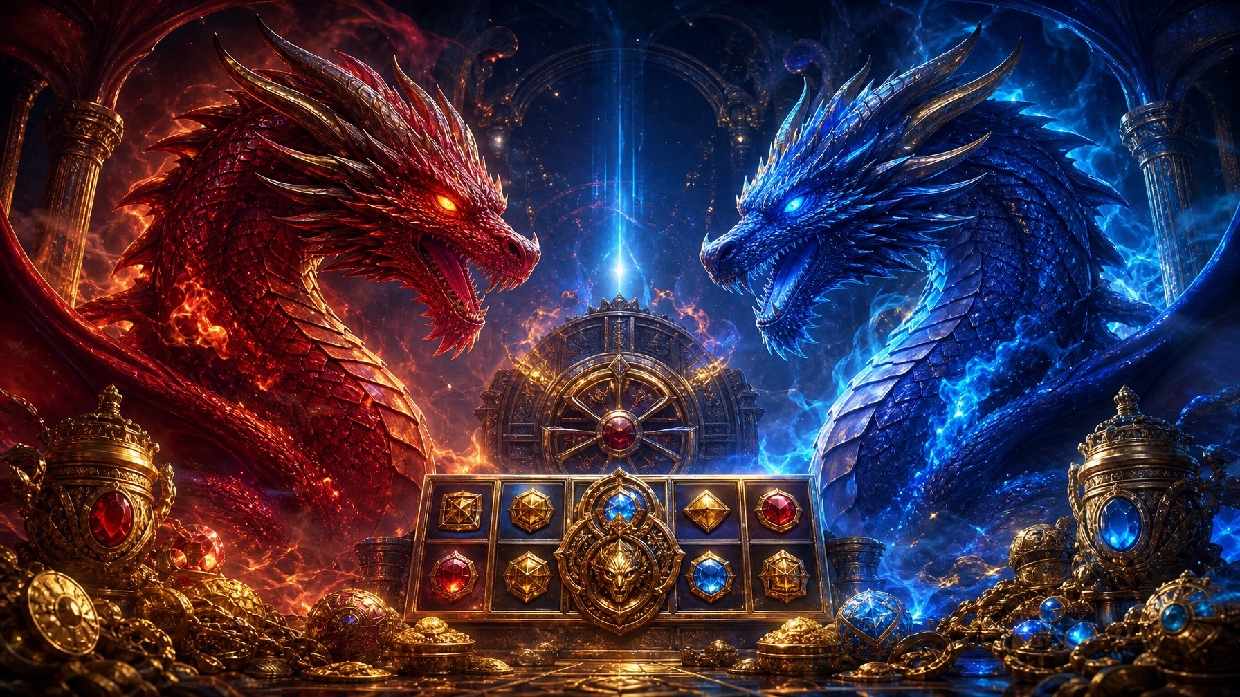 Two Colorful Dragons Face Each Other Above A Glowing Treasure Chamber Filled With Gold And Magical Light.