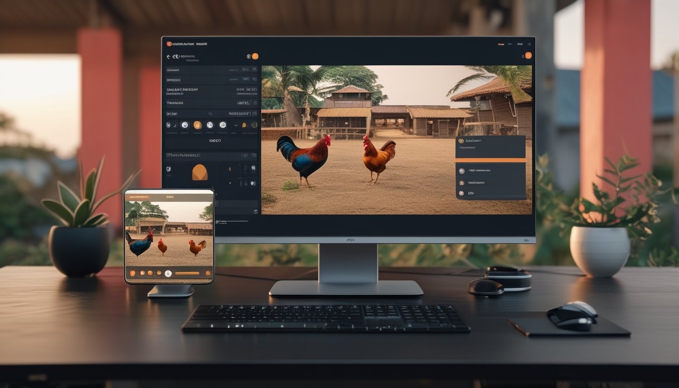 Monitor dan ponsel menampilkan siaran langsung suasana arena tradisional dengan dua ayam jantan di lingkungan tropis.