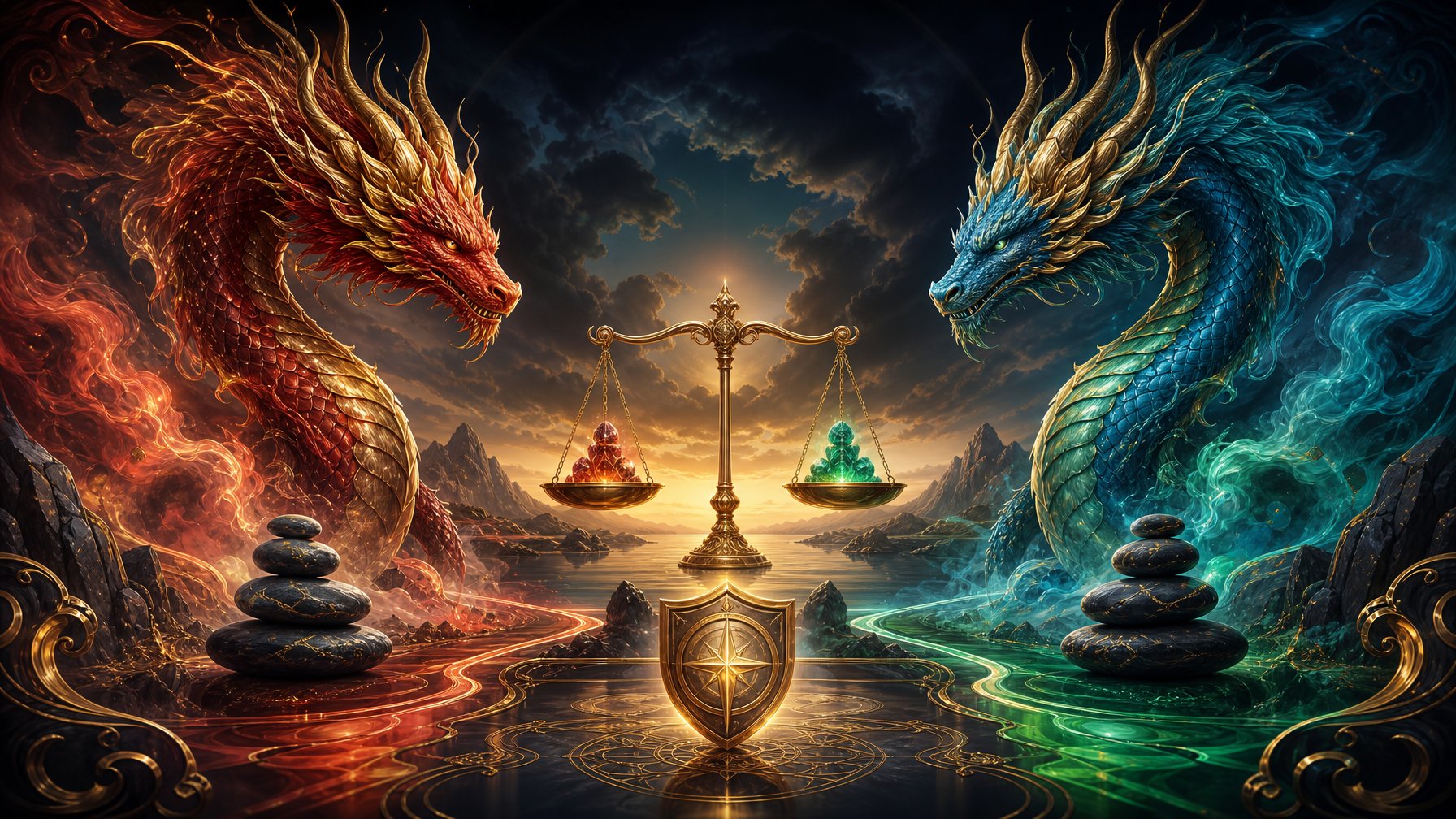 Two Majestic Dragons Face Each Other In A Balanced Fantasy Scene With Contrasting RedGold And BlueGreen Energy.