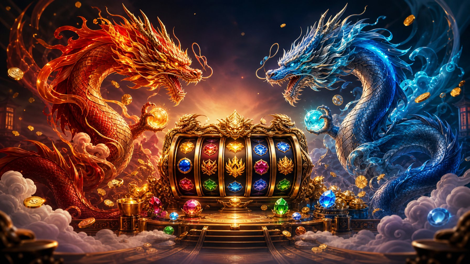 Two Colorful Dragons Face Each Other Above An Ornate Fantasy Slot Machine Surrounded By Glowing Coins And Gemstones.