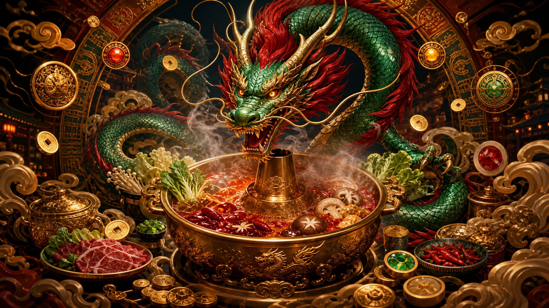 A Jeweled Chinese Dragon Coils Above A Steaming Golden Hot Pot Surrounded By Coins And Decorative Ornaments.