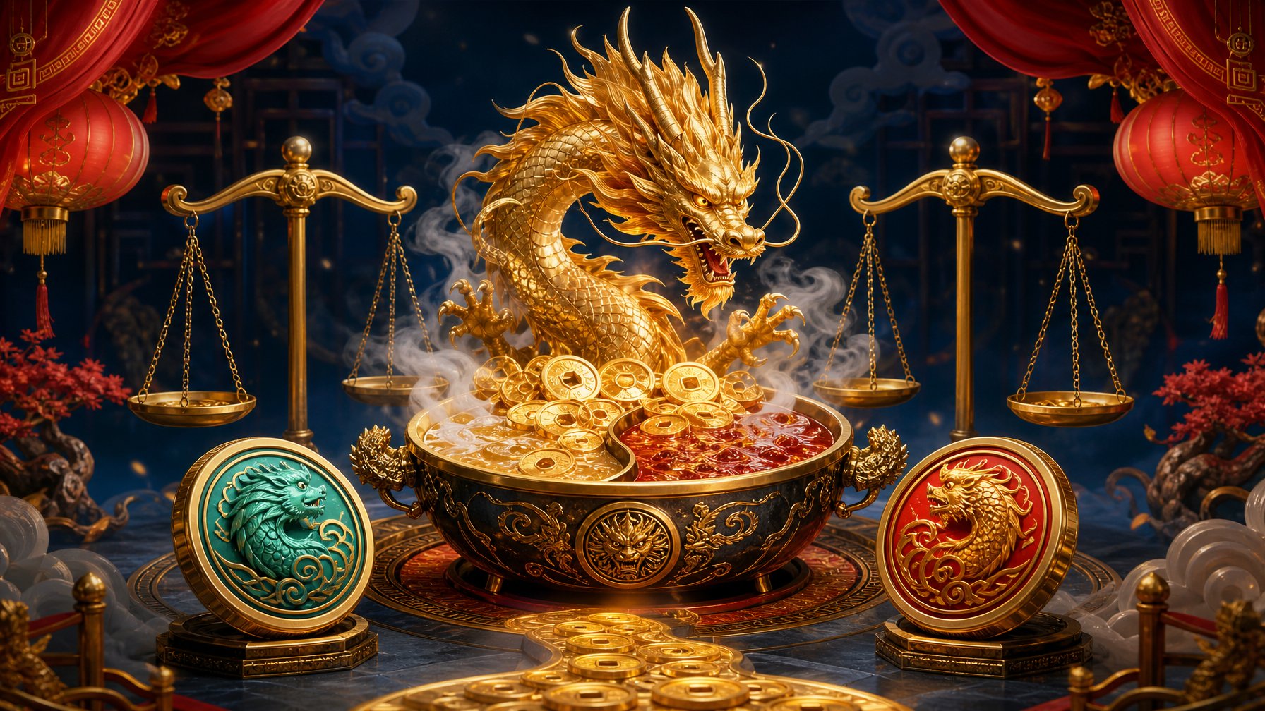 A Golden Dragon Rises From A Steaming Hot Pot Surrounded By Coins, Lanterns, Scales, And CasinoThemed Ornaments.