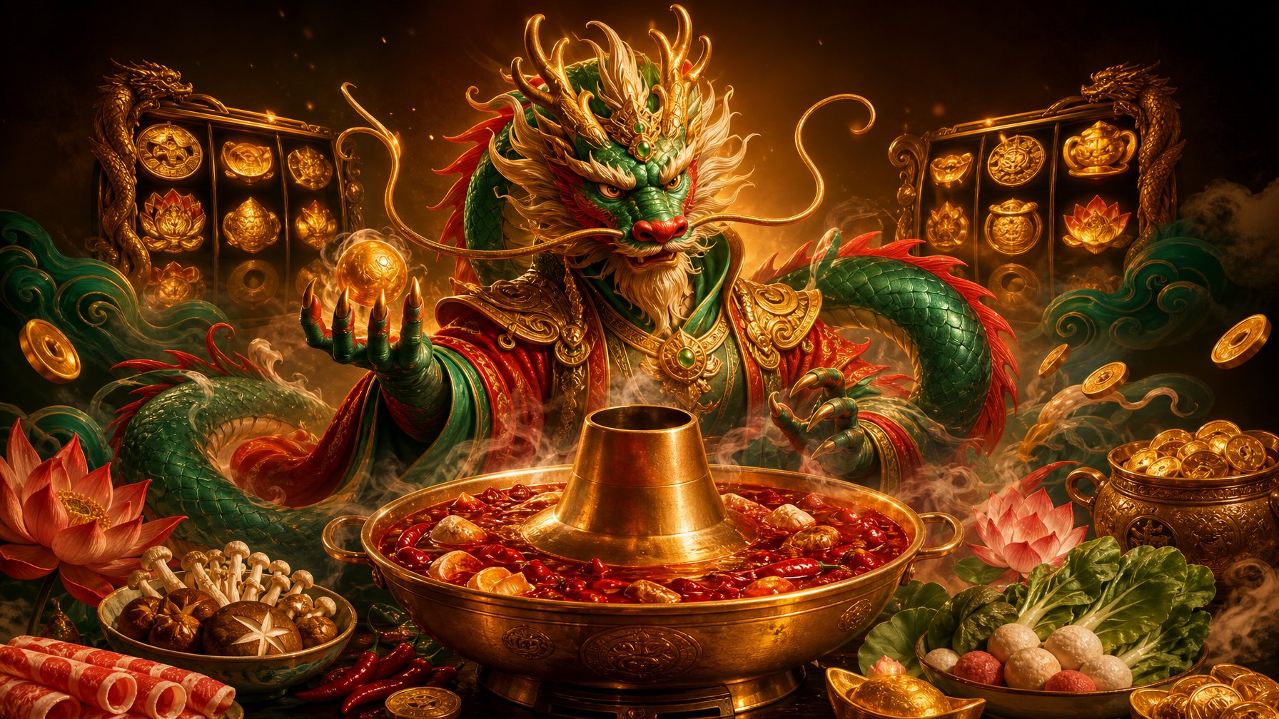 A Regal Dragon King Rises Above A Steaming Hot Pot Surrounded By Coins, Chili Peppers, Mushrooms, And Ornate Golden Decorations.