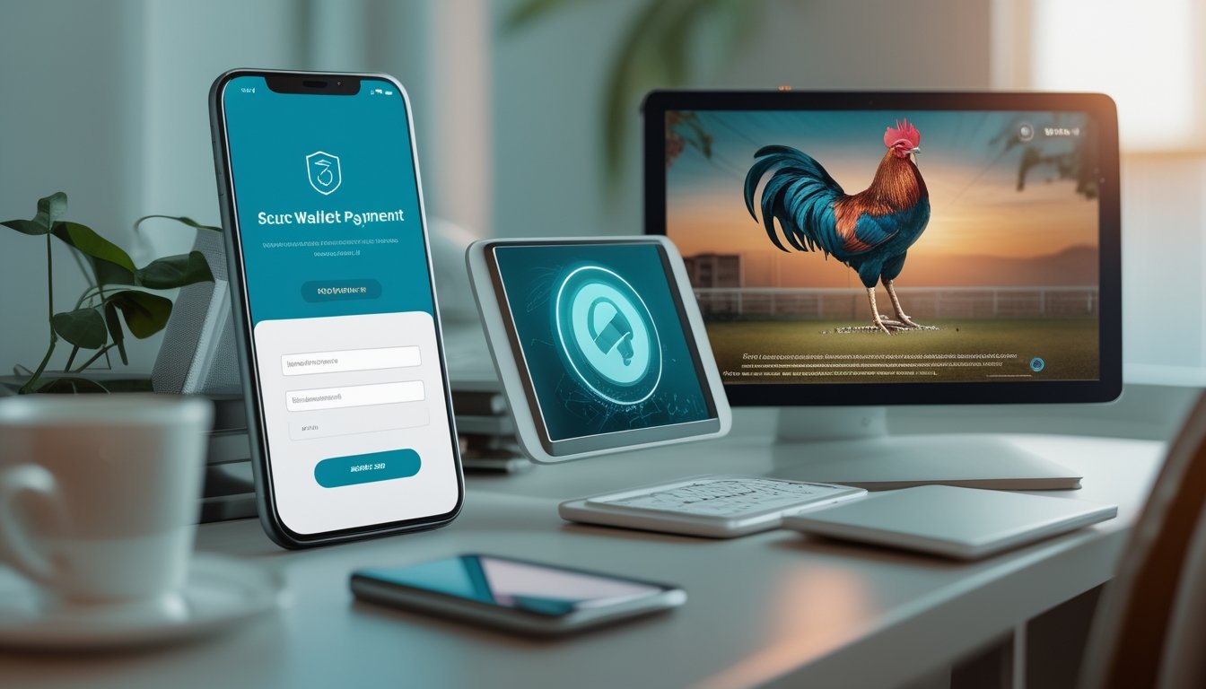 Ponsel menampilkan antarmuka masuk digital yang aman dengan simbol dompet elektronik dan ikon ayam jantan di latar belakang.