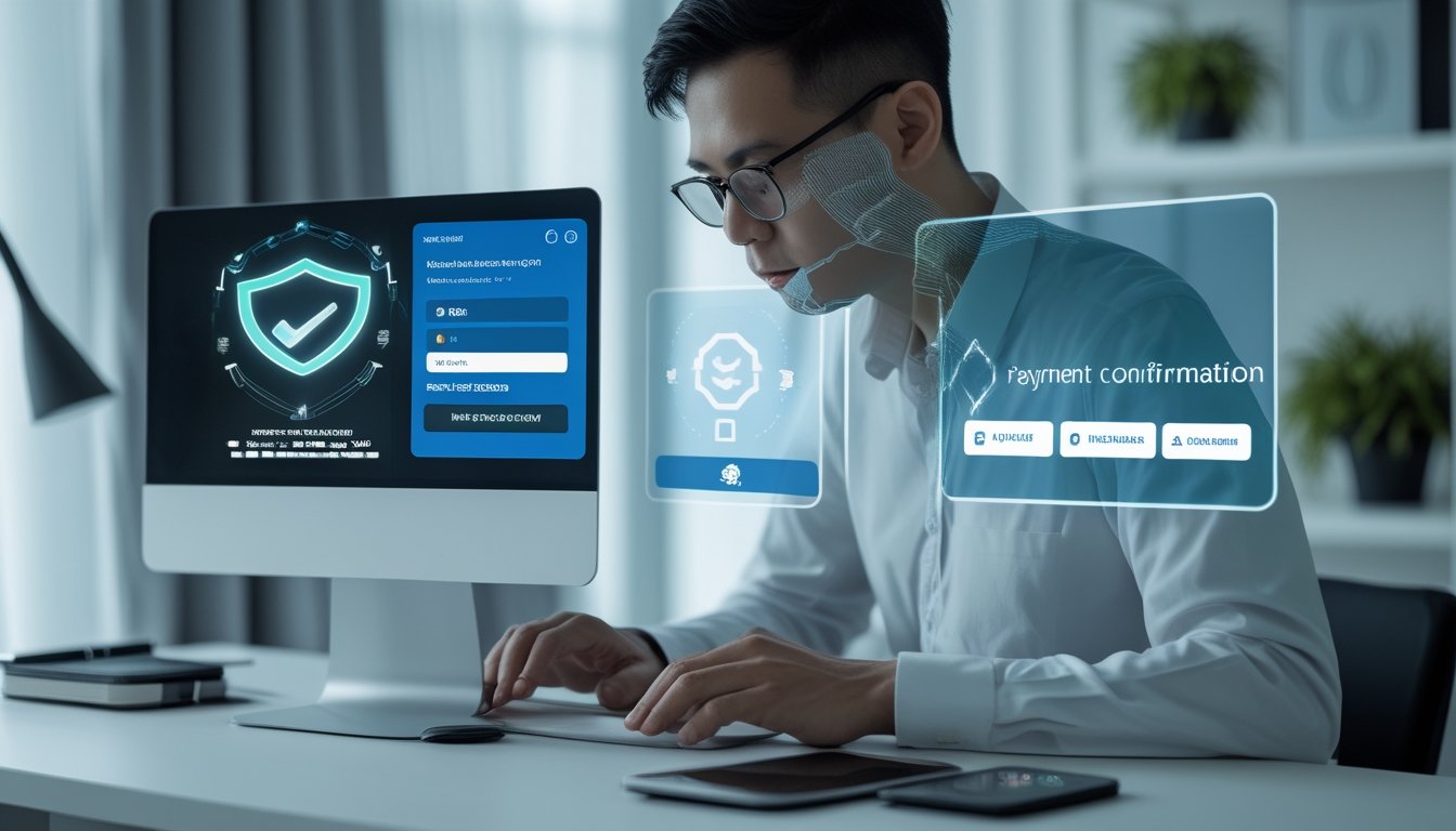 Seseorang memeriksa keamanan login dan konfirmasi pembayaran digital di laptop dan ponsel.