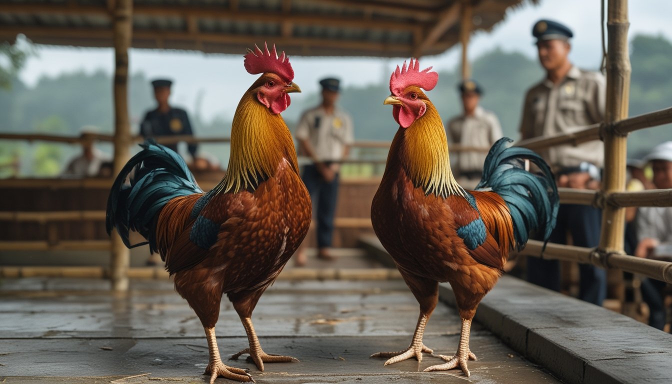 Ayam jantan sehat berada di kandang terpisah dalam arena yang diawasi petugas dan disaksikan penonton.
