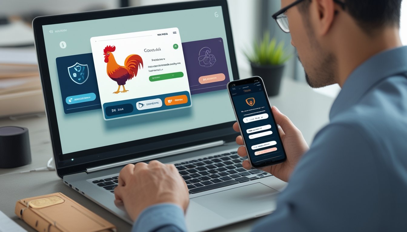 Pengguna dewasa meninjau platform digital bertema ayam jago dengan simbol keamanan dan dokumen legalitas di meja kerja modern.
