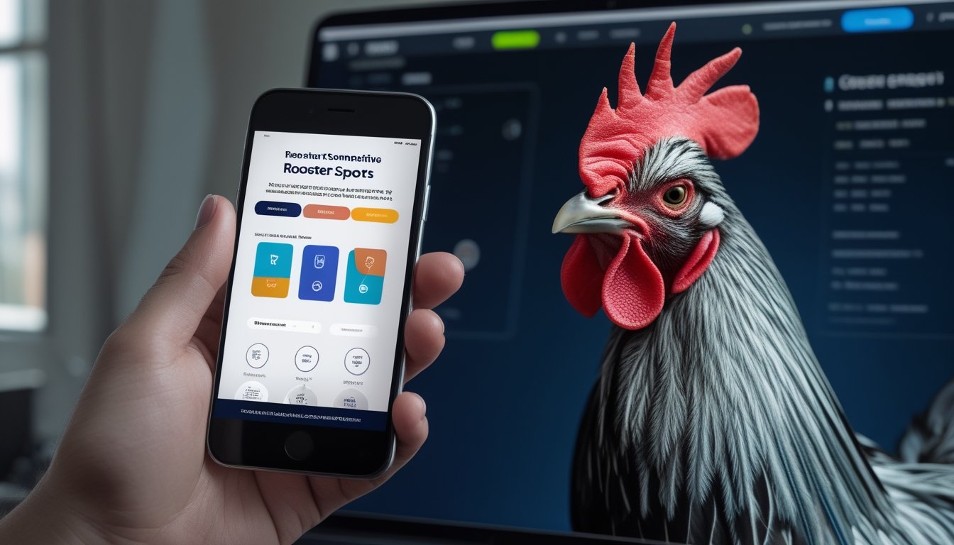 Tangan memegang ponsel yang menampilkan antarmuka aplikasi olahraga digital dengan gambar ayam jantan di layar pendamping.