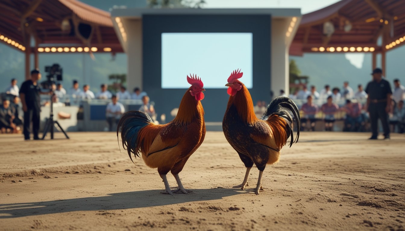 Dua ayam jantan sehat berada di arena tradisional dengan penonton dan peralatan siaran di latar belakang.