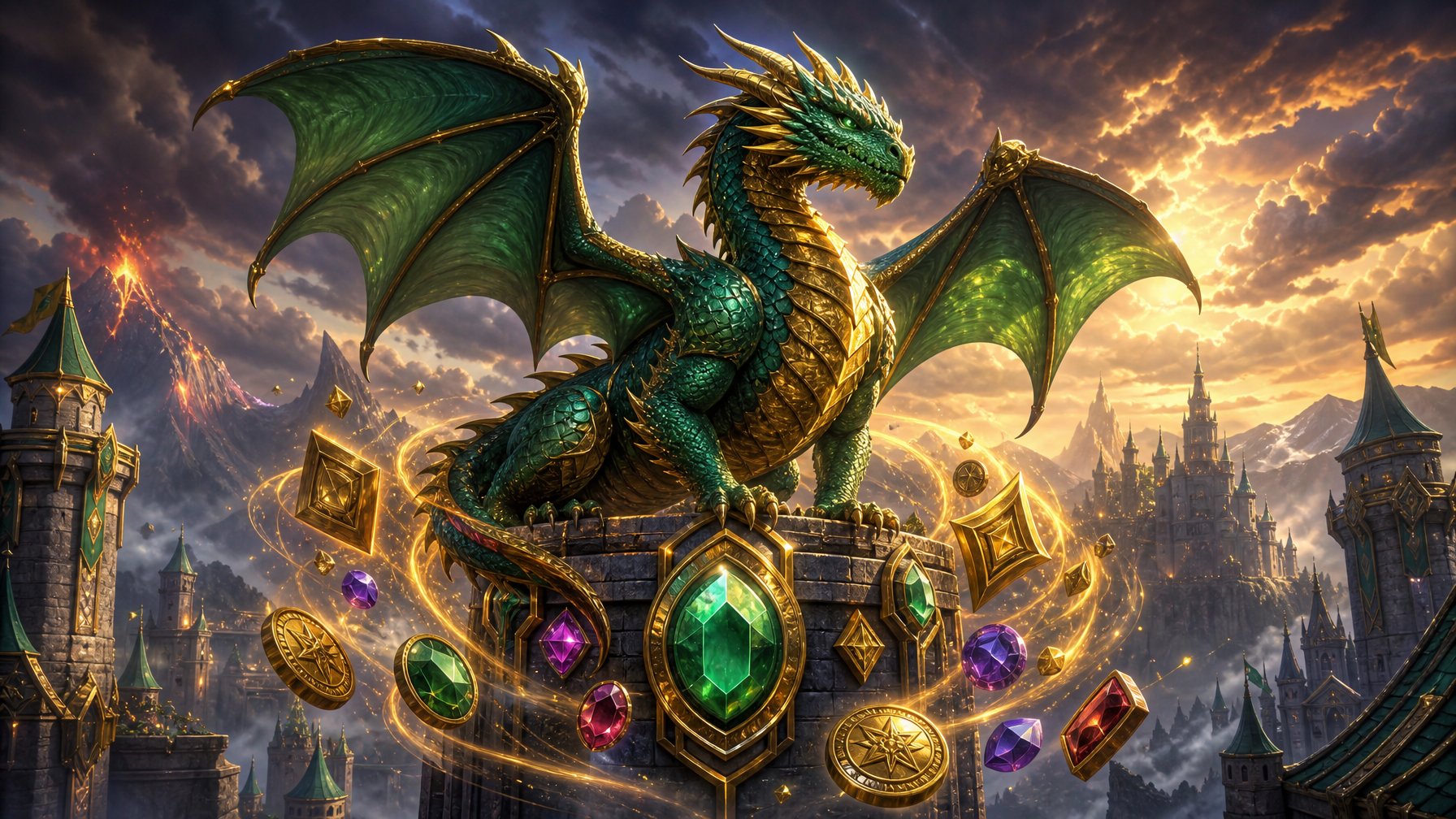 A Majestic Green And Gold Dragon Overlooks A TreasureFilled Fantasy Kingdom From A Castle Tower.