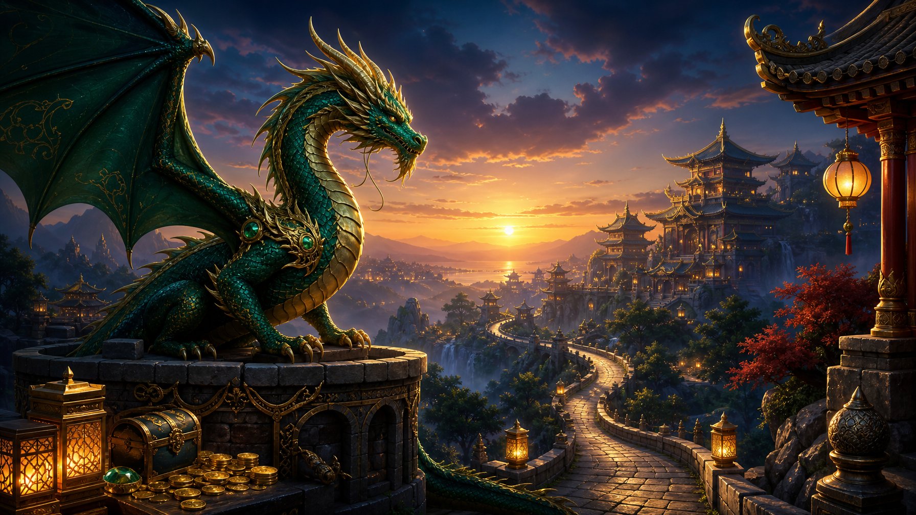 A Dragon Overlooks A Glowing Fantasy Kingdom With A Balanced Path Leading Toward The Horizon.