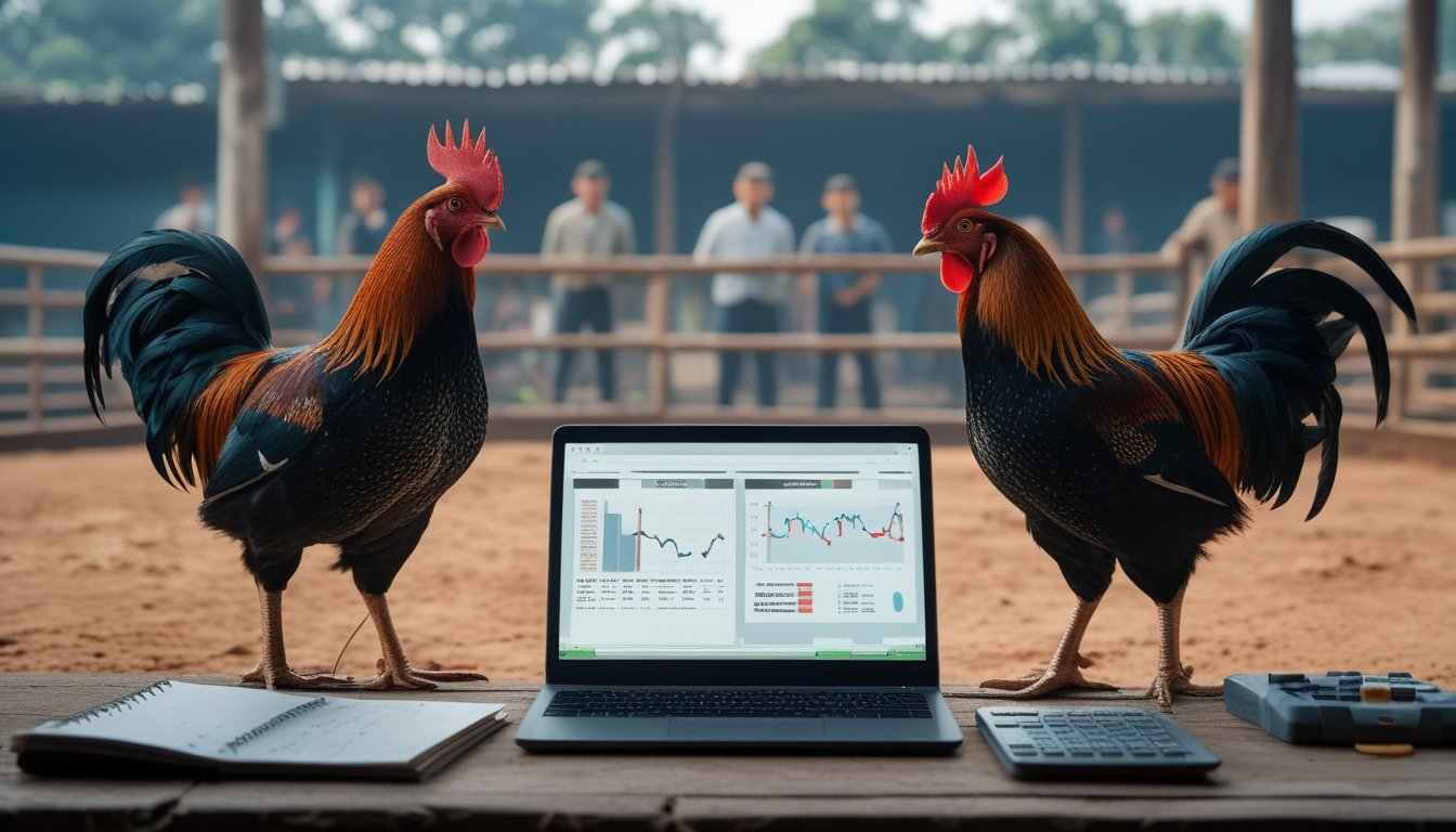 Seorang analis mempelajari statistik pertandingan sambil mengamati dua ayam jantan di area terpisah.