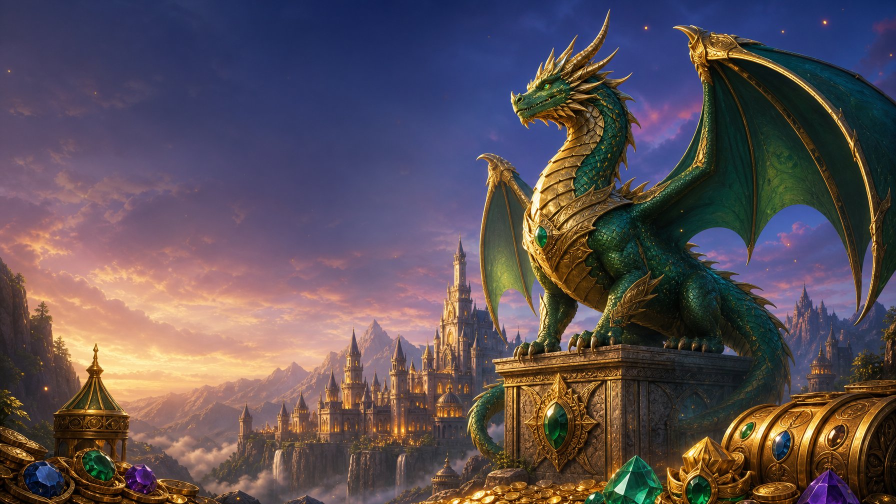 A Majestic Green Dragon Overlooking A Glowing Fantasy Kingdom Surrounded By Mountains, Treasure, And Gemstones.