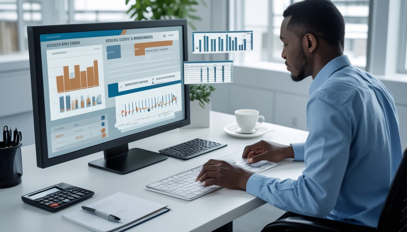 Seorang analis memeriksa grafik statistik di meja kerja.