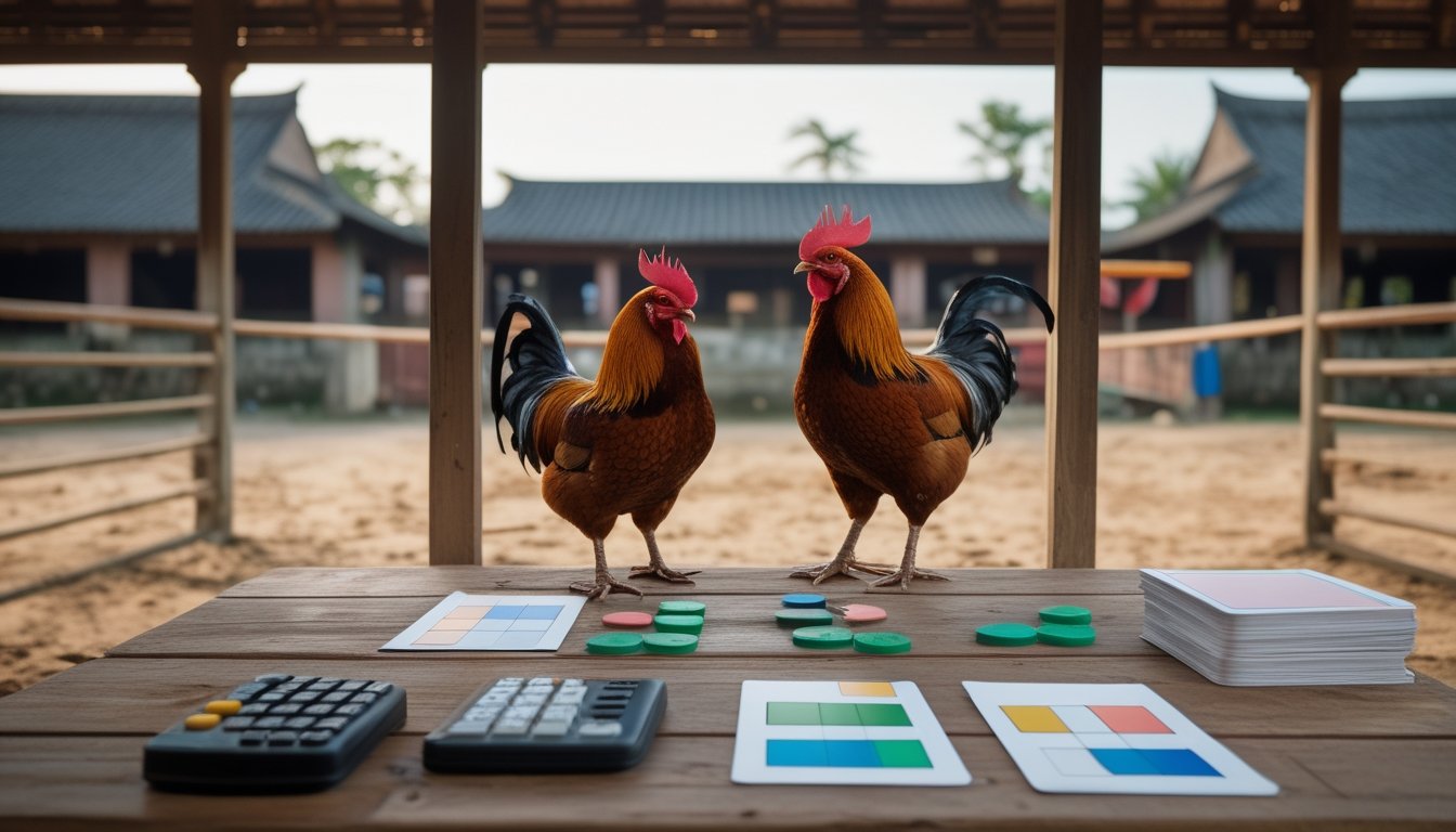 Dua ayam jantan berada di kandang terpisah dengan perlengkapan analisis taruhan di atas meja.