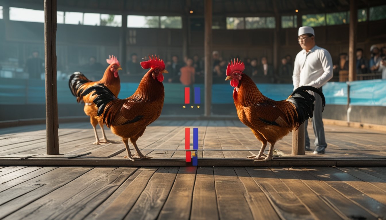 Arena sabung ayam dengan dua ayam jantan, wasit, dan penonton yang mengamati pertandingan.