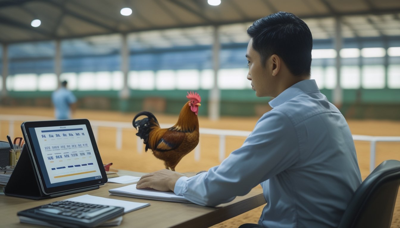 Seorang pria mempelajari grafik abstrak di tablet dengan arena ayam jago yang tampak samar di latar belakang.