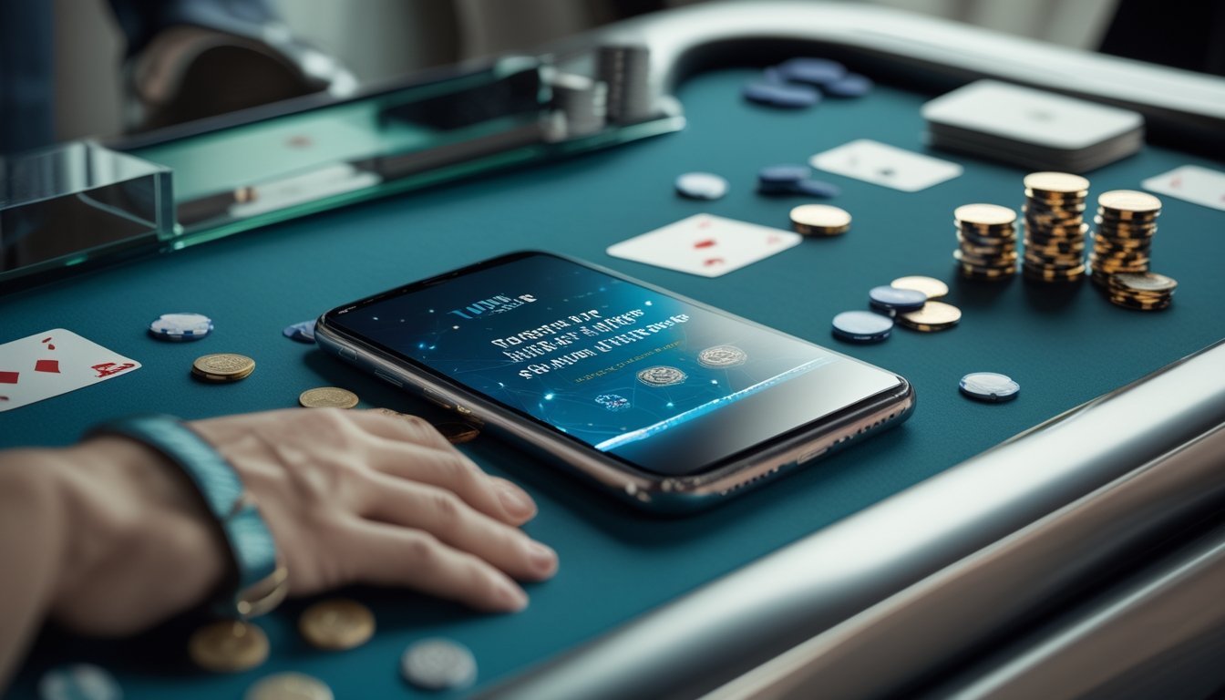 Meja poker modern dengan kartu, keping poker, dan ponsel yang menampilkan antarmuka permainan abstrak.
