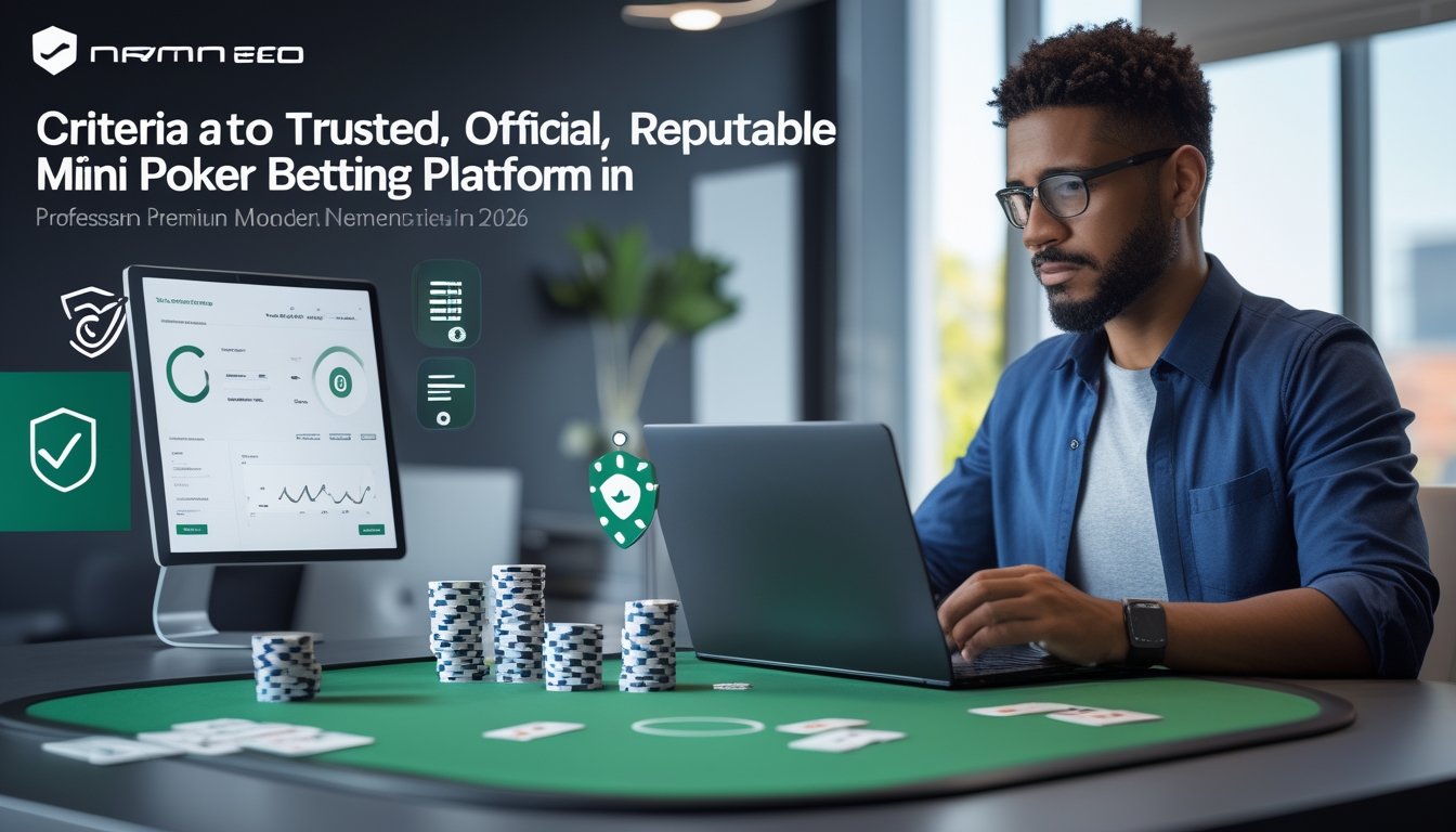Orang dewasa memeriksa platform poker online dengan simbol keamanan, kartu, dan keping poker di meja kerja.