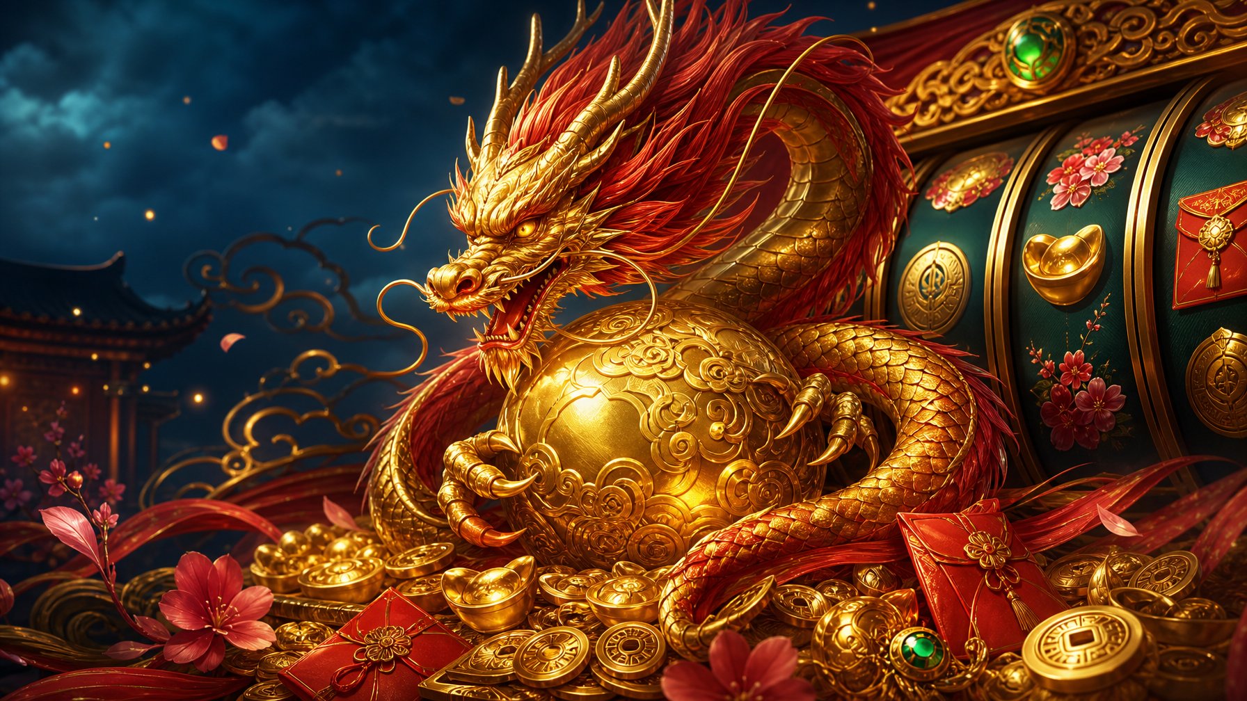 A Golden ChineseInspired Dragon Coils Around A Glowing Treasure Sphere Beside Ornate Casino Reels And Scattered Gold Coins.