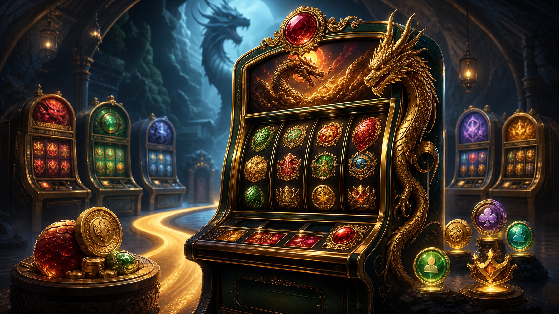 A Glowing DragonThemed Slot Machine Surrounded By Fantasy Casino Symbols And Similar Game Machines.