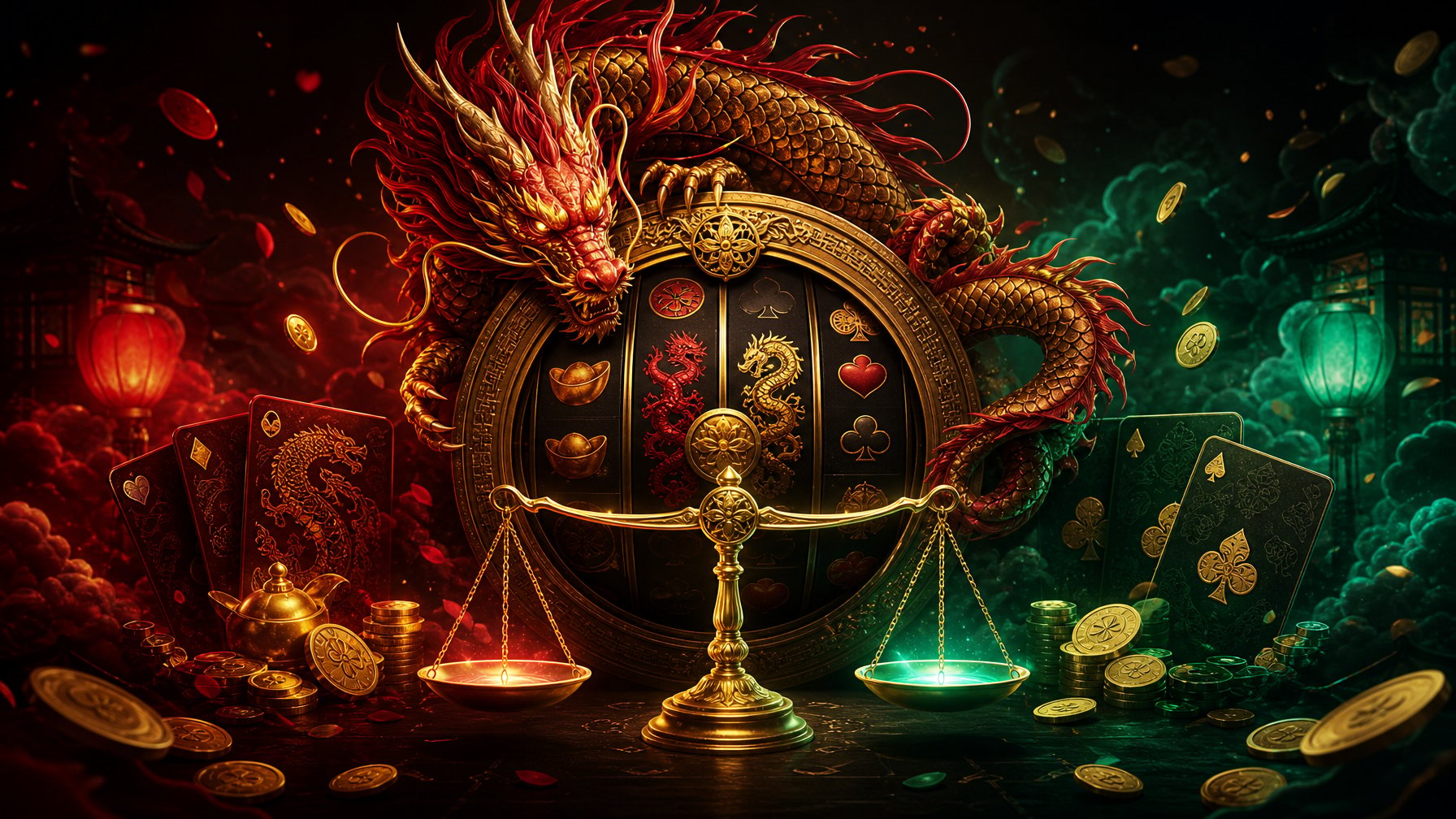 A RedAndGold Dragon Coils Around A Glowing Casino Wheel Amid Coins And Balanced Light.