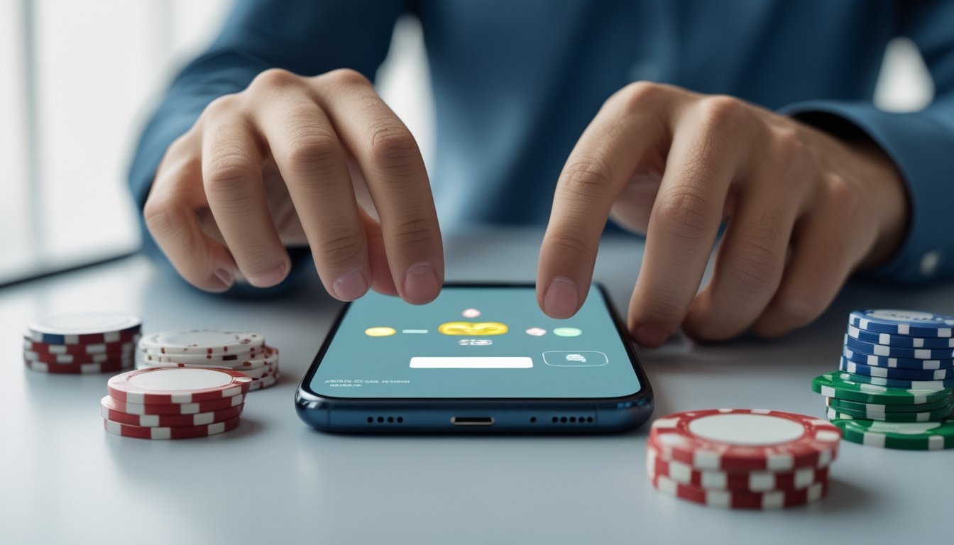 Seseorang mendaftarkan akun poker mini melalui ponsel di meja kerja dengan kartu dan chip poker di sekitarnya.