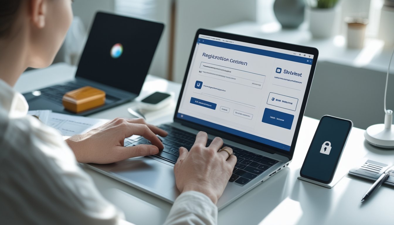 Seseorang menyiapkan laptop dan ponsel untuk pendaftaran akun daring di meja kerja yang rapi.