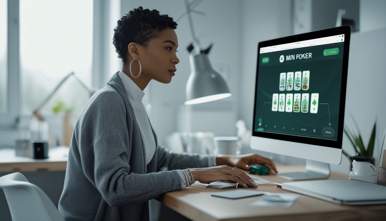 Orang dewasa sedang bermain mini poker melalui laptop di ruang kerja modern.